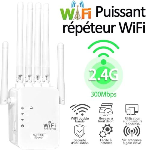 Répéteur WiFi puissant blanc avec 6 antennes externes et couverture de 500 m²