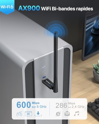 Clé WiFi 6 BrosTrend AX900 Puissante Compatible Windows 11/10/7, Antenne Wi-Fi à Gain Élevé 6dBi, Dongle USB Double Band