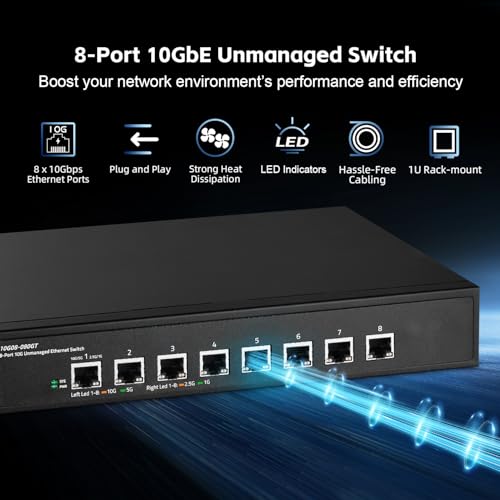 Commutateur non géré 8 Ports 10 Gigabit, Bande Passante 160 Gbit/s Supporte 1G-10G, Rack Mount Ethernet RJ45