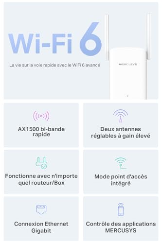 MERCUSYS ME60X TP-Link Repéteur WiFi Puissant 1500 Mbps, Améliorez Votre Connexion WiFi Sans Changer De Box, Idéal Pour 