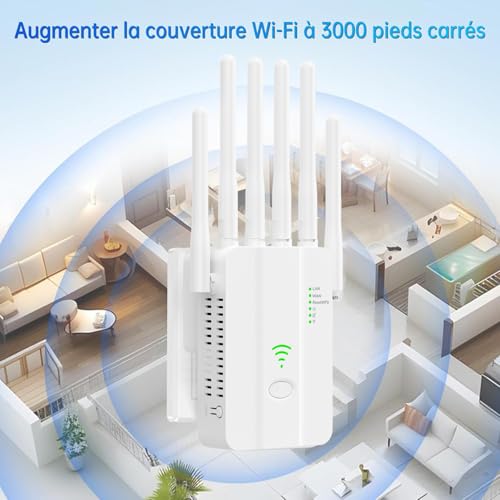 Amplificateur WiFi puissant Repeteur WiFi, couverture WiFi jusqu'à 3000 pi², Maison et Bureau